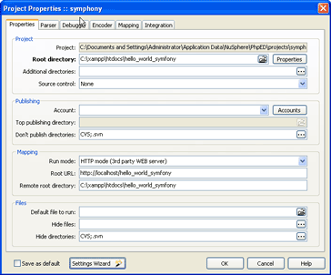 PHP Editor Project Properties